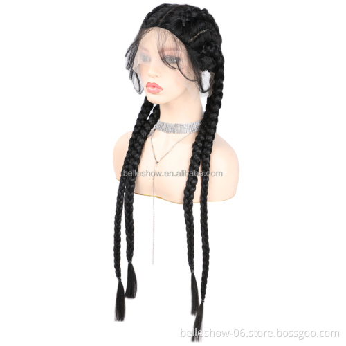 African American 32inch Box Black Braid Hair Wig Synthetic Hair Wig Wholesale 4 Long Box Braided Twist Lace Wigs